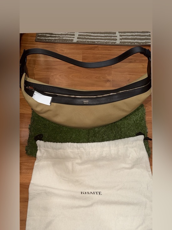 KHAITE Handbags - KHAITE Tan Canvas Crescent Bag with Black Leather Trim